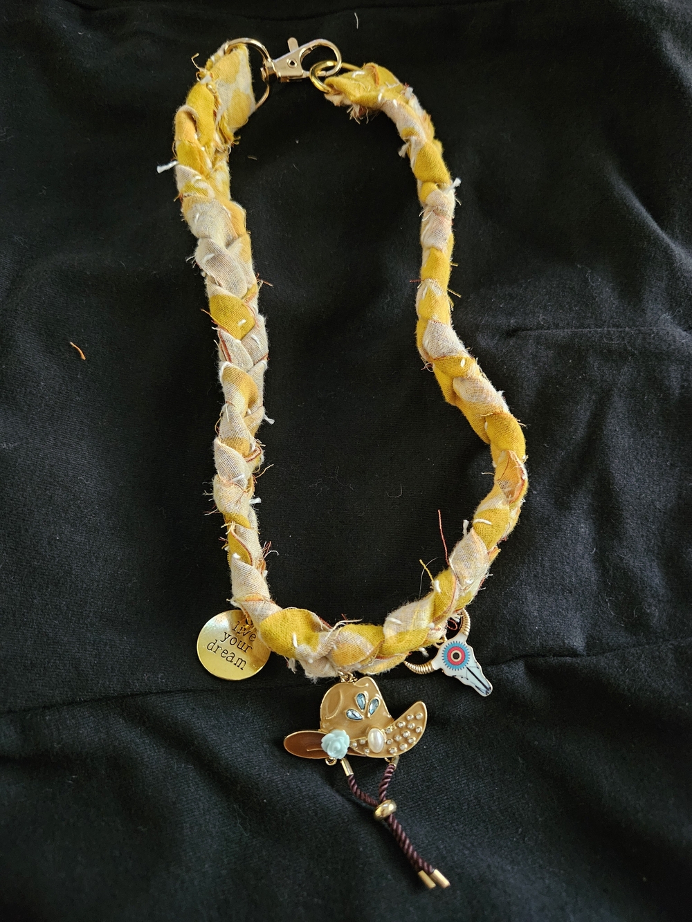 Yellow Braided Kantha Necklace with Cowgirl Hat & Charms